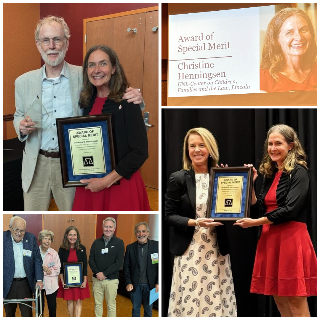 Celebrating milestones: Christine Henningsen with her law school mentor, cherished family, and honored by NSBA President Hon. PaTricia A. Freeman for her outstanding achievements.