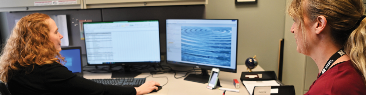 two women reviewing material on two computer screens