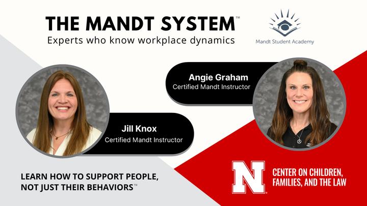A graphic of 2 people and text that says 'THE MANDT SYSTEM Experts who know workplace dynamics Mandt MandtStudentAcademy Student Academy Angie AngieGraham Graham Certified Mandt Instructor Certified Mandt Instructor Jill Knox Certified Mandt Instructor LEARN HOW TO SUPPORT PEOPLE, NOT NOTJUST JUST THEIR BEHAVIORS N CENTER NC NTERONCHILDREN, ON CHILDREN, FAMILIES, AND THE LAW' .