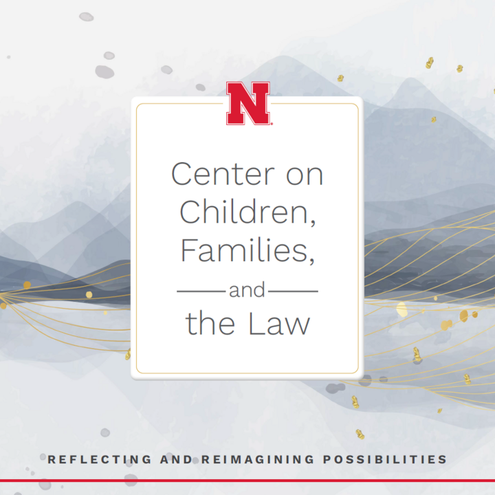 Center on Children, Families, and the Law with a background of abstract blue mountains and gold accents.