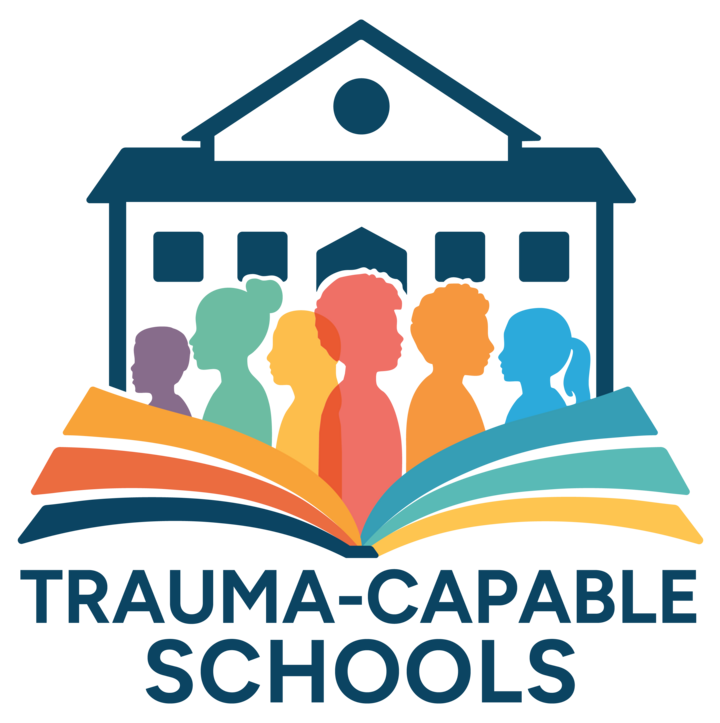 Multi-colored logo depicting a schools, children, and a textbook, with the words, "Trauma-Capable Schools" underneath.